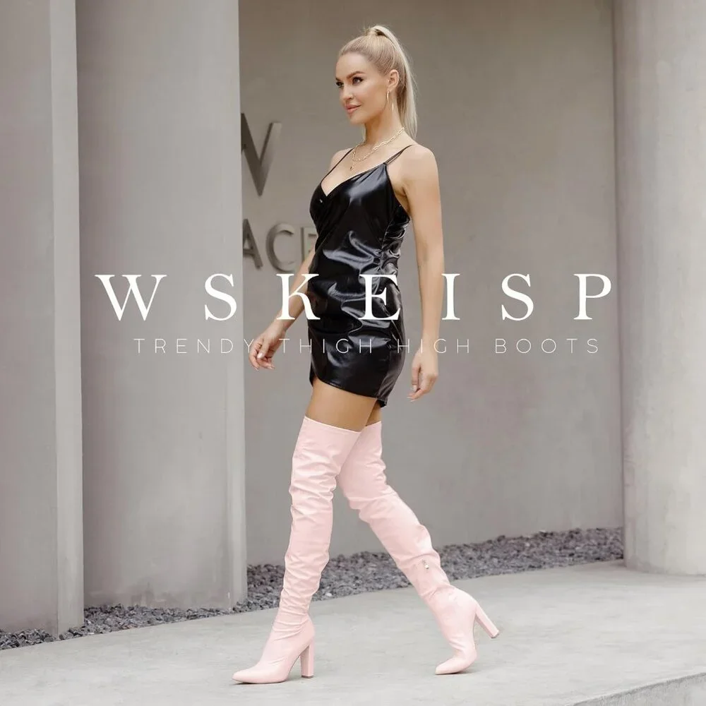 Women Pink Patent Leather PU Over The Knee High Pointed Toe Long Tall Boots